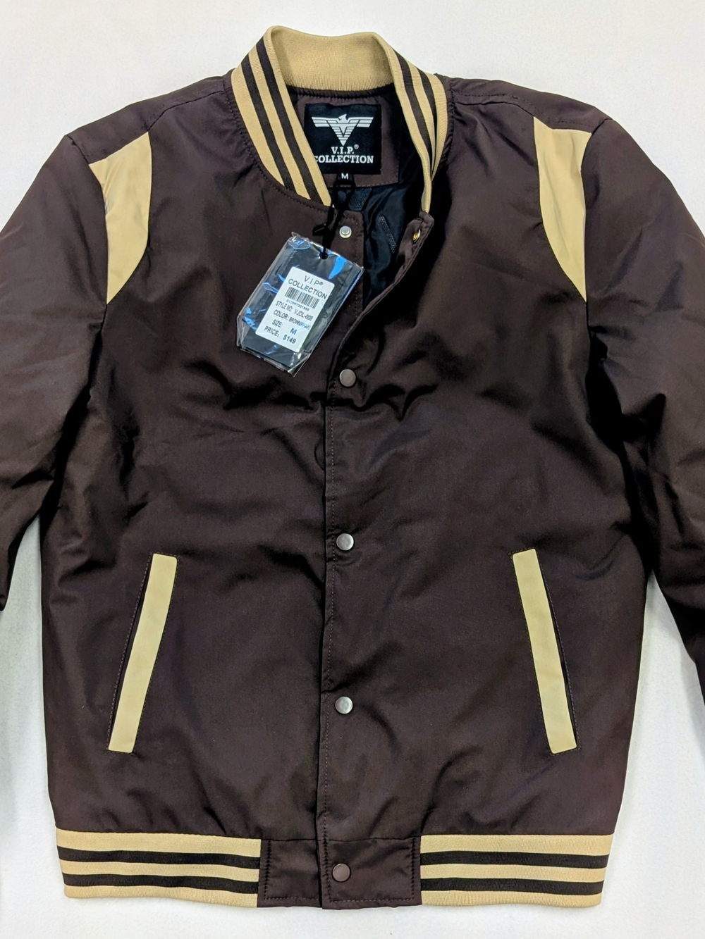 V.I.P. Collection Varsity Jacket Brown Khaki Striped Ribbed Trim NWT Men's M